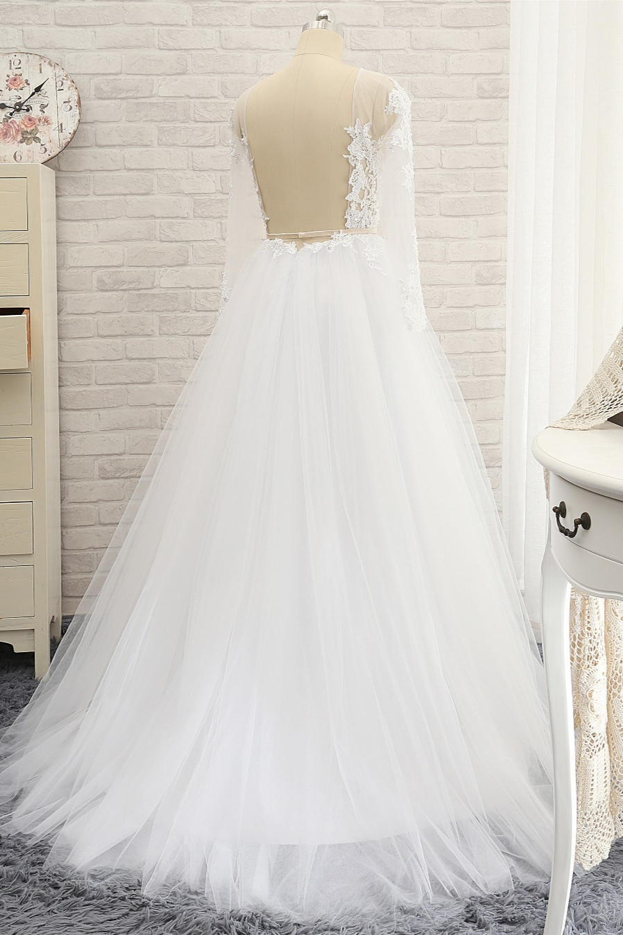 BMbridal Affordable White Tulle Ruffles Lace Wedding Dresses Jewel Longsleeves Bridal Gowns With Appliques On Sale-BMbridal