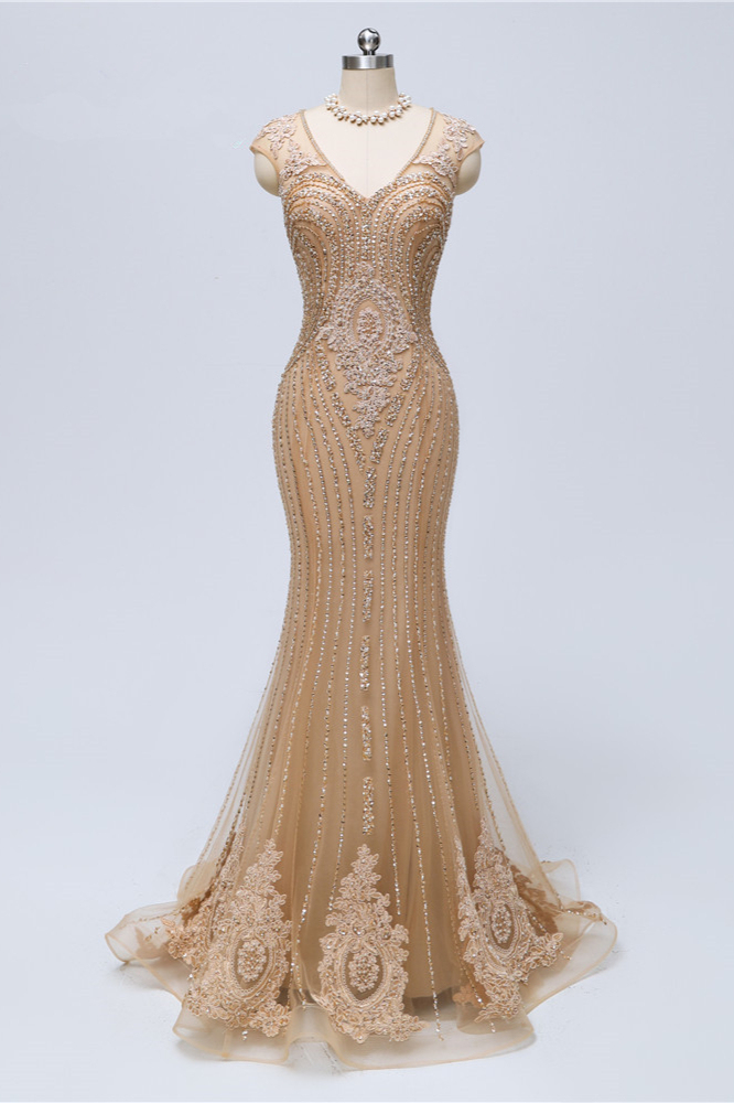 BMbridal Chic V-Neck Sleeveless Mermaid Prom Dresses with Appliques Beadings