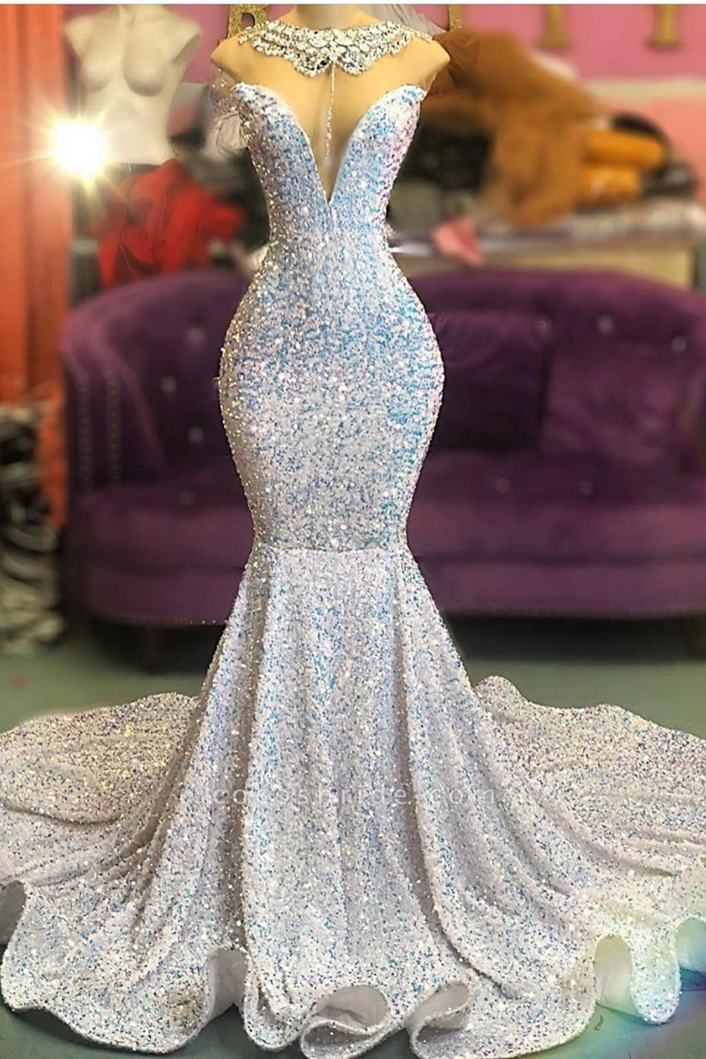 Bmbridal Sleeveless Sequiins Mermaid Long Evening Prom Dress