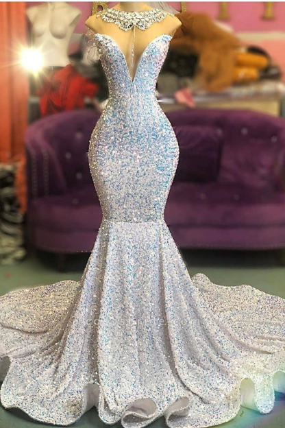 Bmbridal Sleeveless Sequiins Mermaid Long Evening Prom Dress