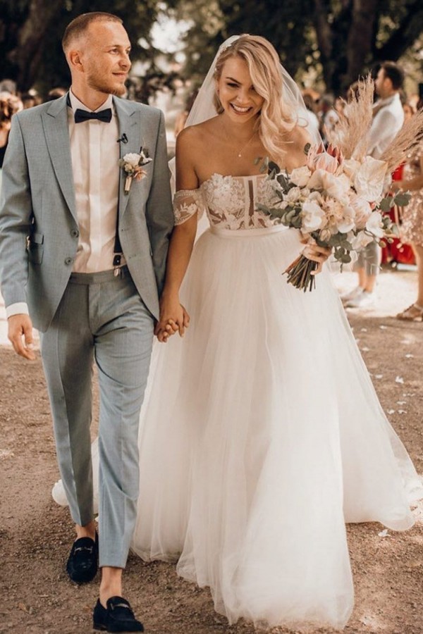 Bmbridal Off-the-Shoulder Tulle Wedding Dress Boho Lace Long-BMbridal