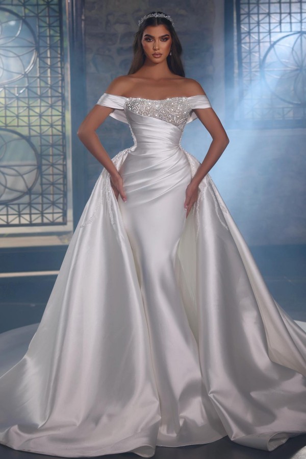 Bmbridal Off-the-Shoulder Overskirt Wedding Dress Long With Beads-BMbridal