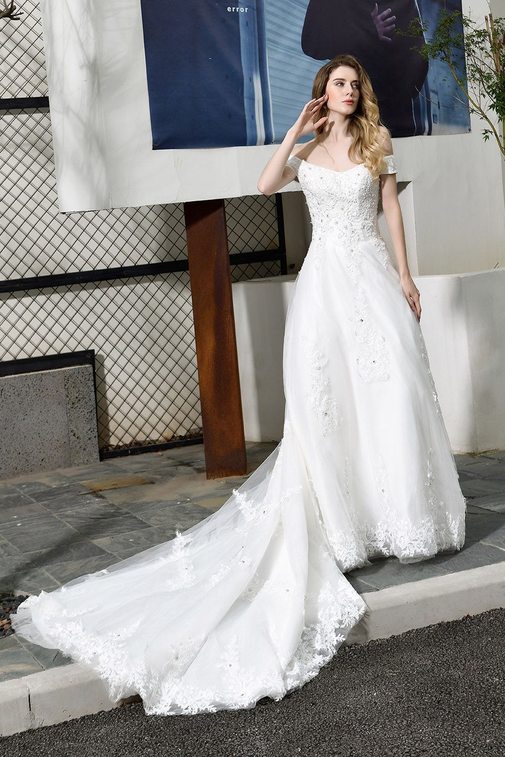 BMbridal Gorgeous Lace Off-the-Shoulder Long Wedding Dress with Beadings