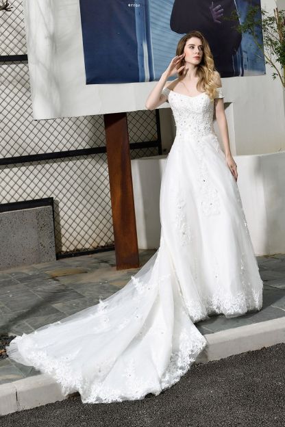 BMbridal Gorgeous Lace Off-the-Shoulder Long Wedding Dress with Beadings