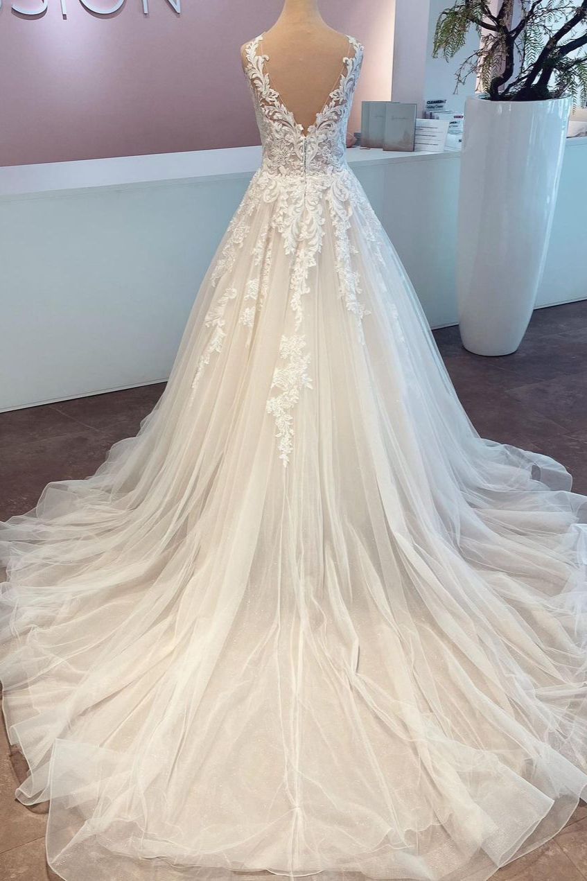 BMbridal A-Line Lace Wedding Dress Sleeveless Long Bridal Gowns-BMbridal