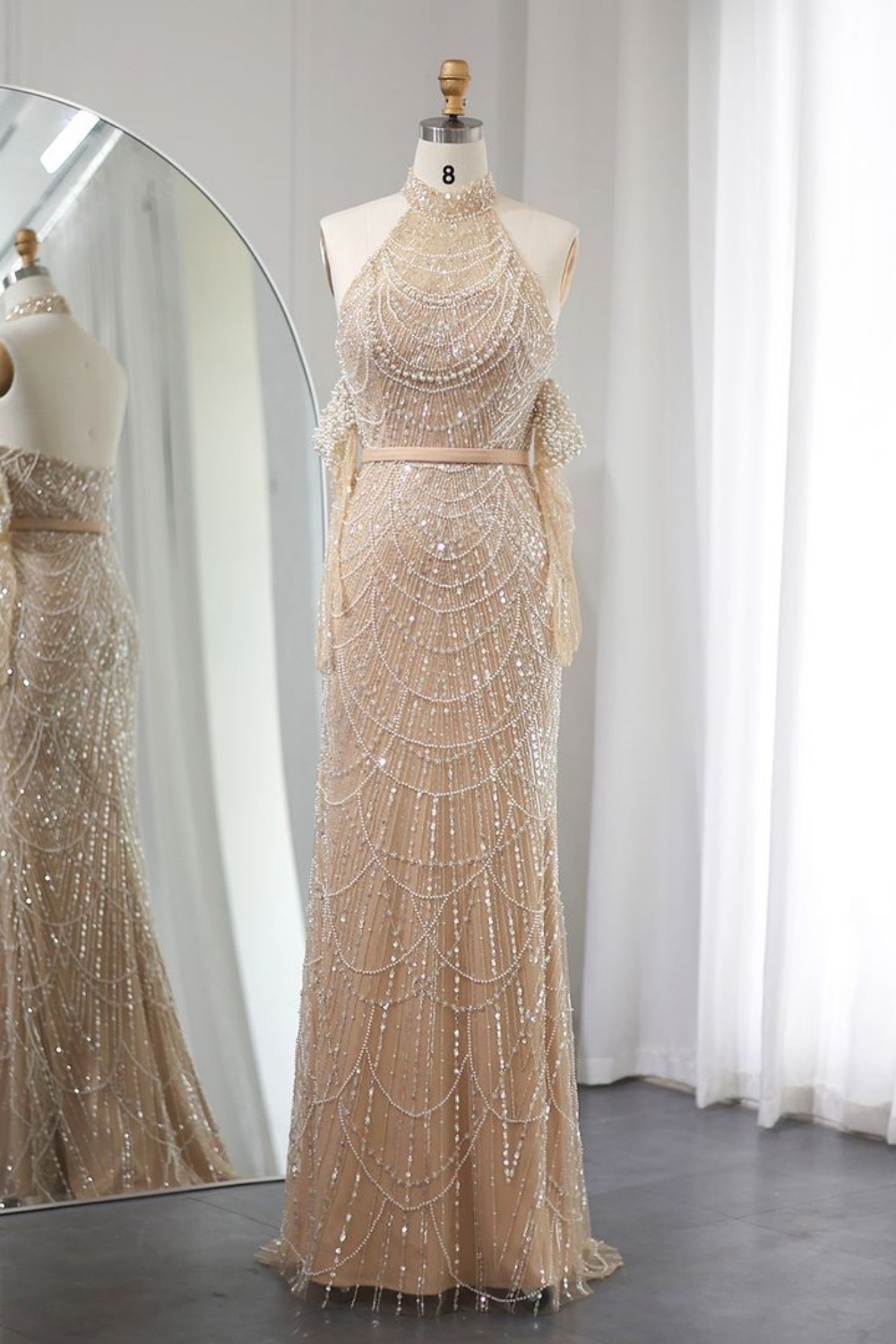 Bmbridal A-Line Pearl Pink Halter Sleeveless Tulle Prom Dresses with Beadings