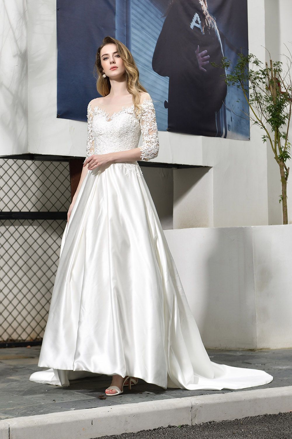BMbridal Elegant A-Line Satin Lace 3/4 Sleeves Ankle Length Wedding Dress