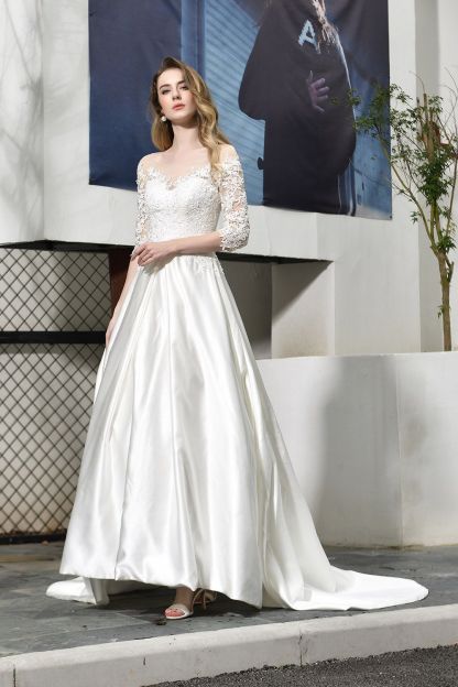 BMbridal Elegant A-Line Satin Lace 3/4 Sleeves Ankle Length Wedding Dress