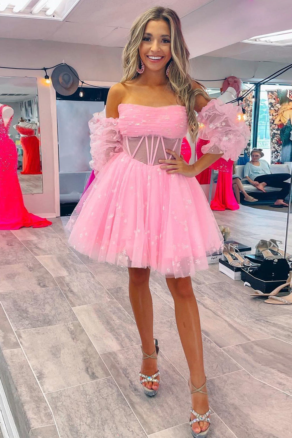 Pink Corset Detachable Sleeves A-Line Tulle Homecoming Dress-BMbridal