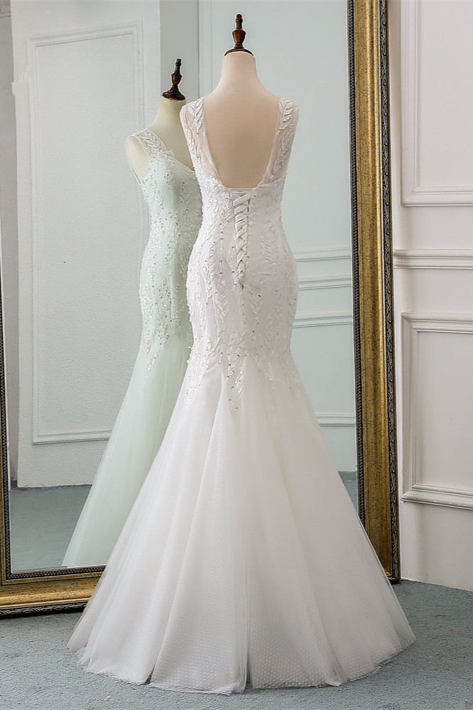 BMbridal Affordable V-Neck Appliques Mermaid Wedding Dresses with Beadings Online
