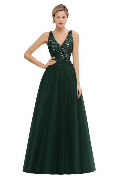 BMbridal Glamorous V-Neck Sleeveless Prom Dress Long Tulle Evening Gowns With Crystals