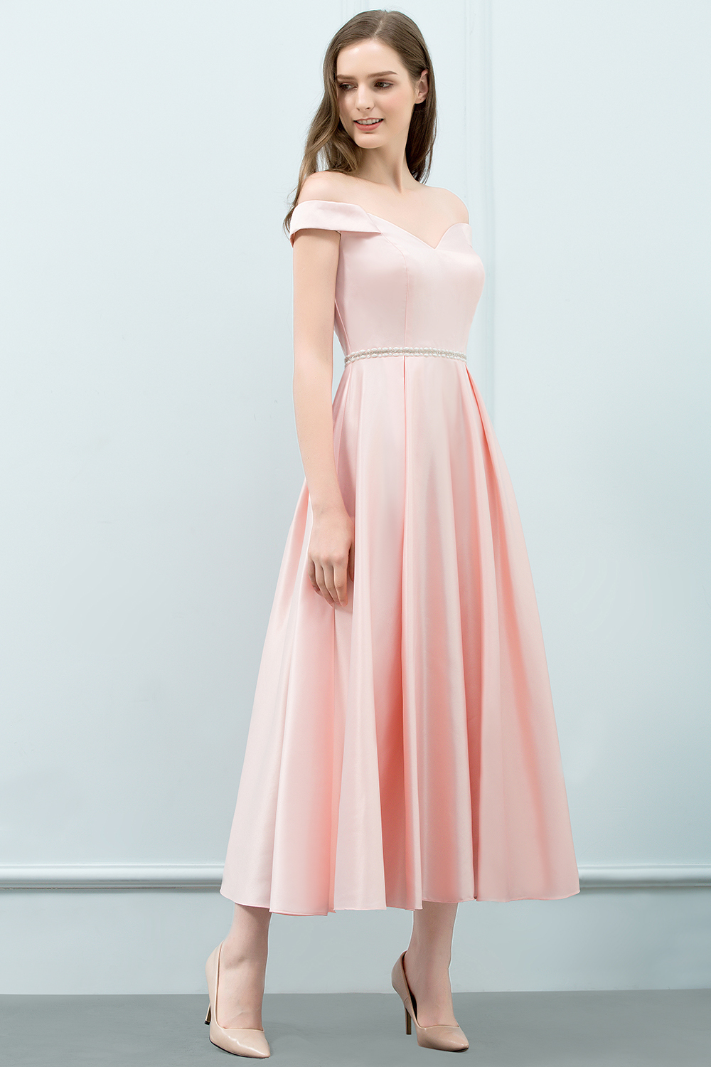 BMbridal A-line Off-shoulder Tea Length Pink Prom Dress with Sash