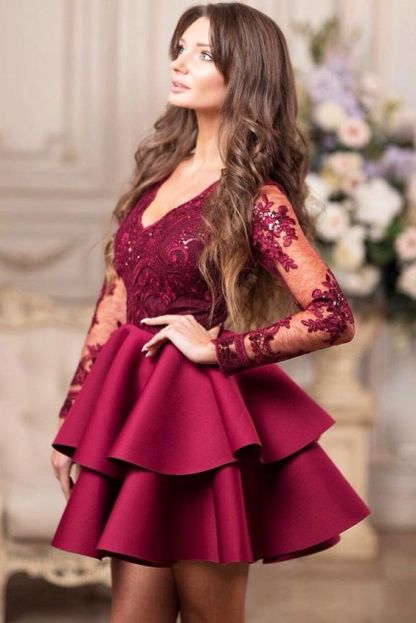 Bmbridal Long Sleeves Burgundy Short Prom Dress With Appliques