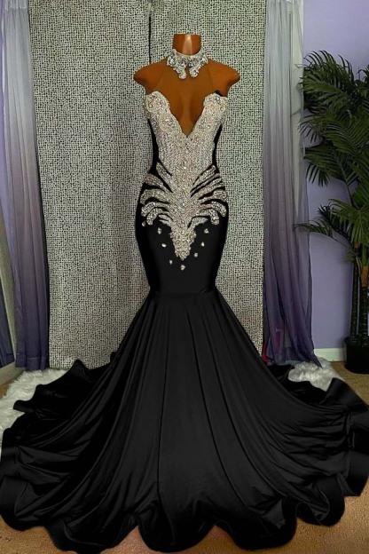 Mermaid Pink High Neck Sleeveless Prom Dress Beaded With Appliques