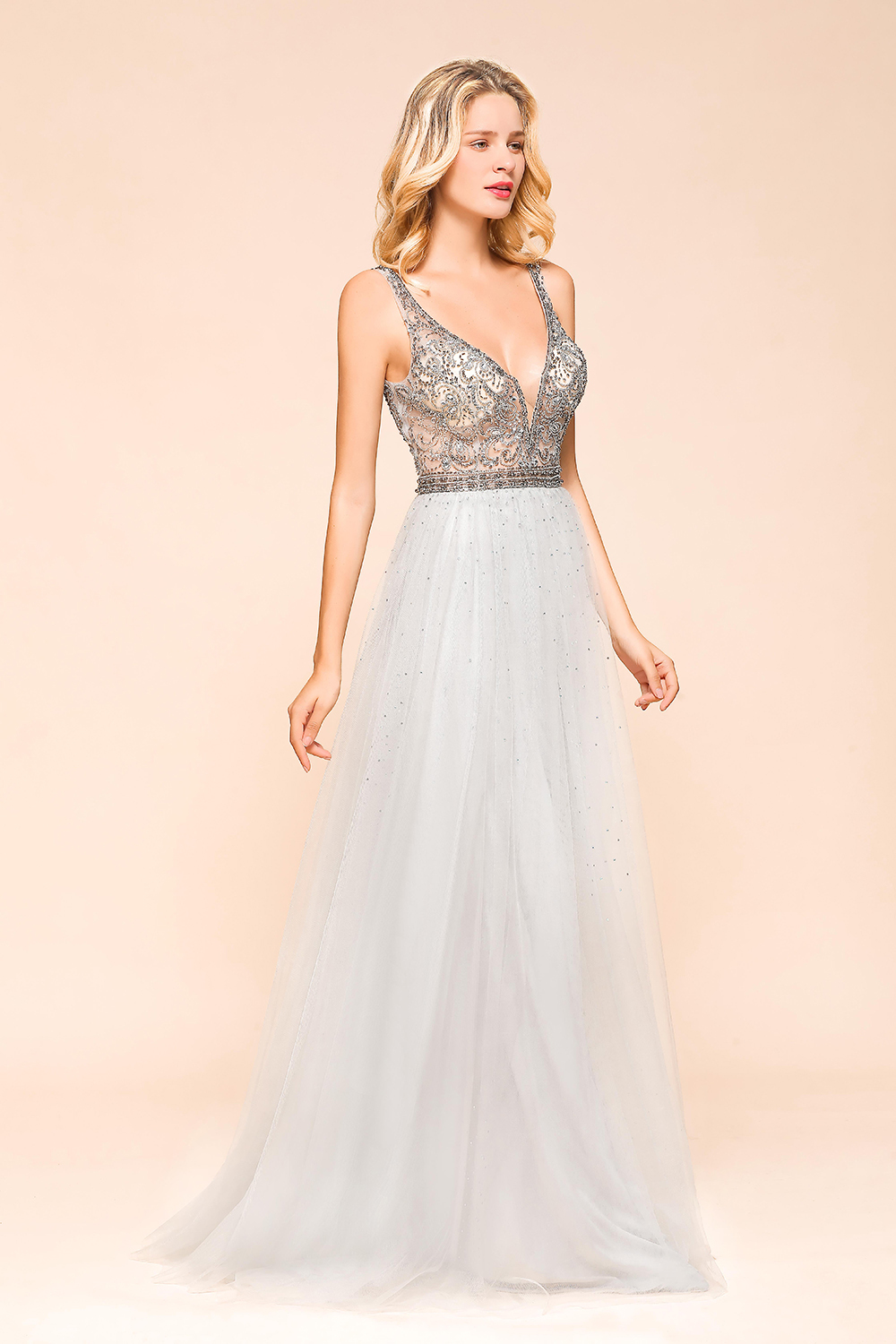 BMbridal Charming V-Neck Tulle Long Prom Dress With Crystals On Sale