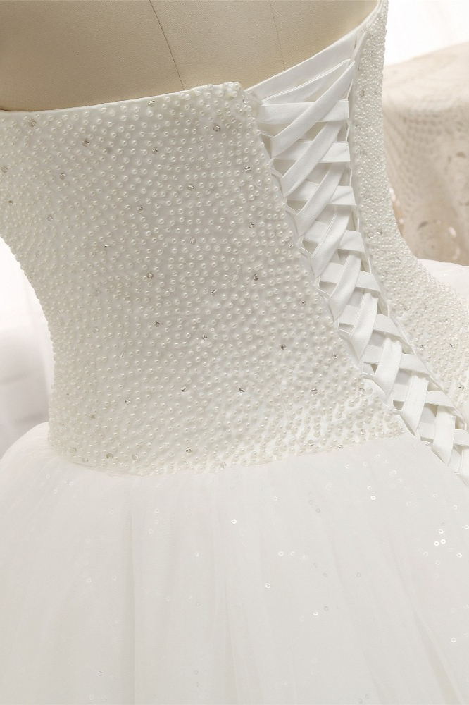 BMbridal Chic Sweetheart Pearls White Wedding Dresses A-line Tulle Ruffles Bridal Gowns Online