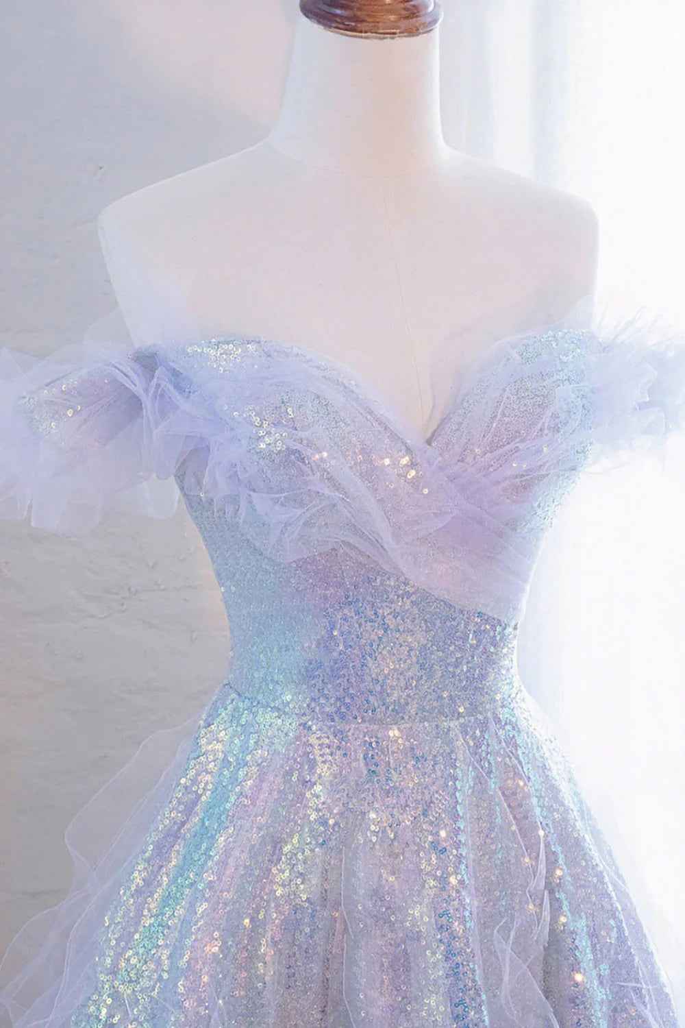 Sparkly Light Blue Off the Shoulder Sequin Long Prom Dress with Ruffles