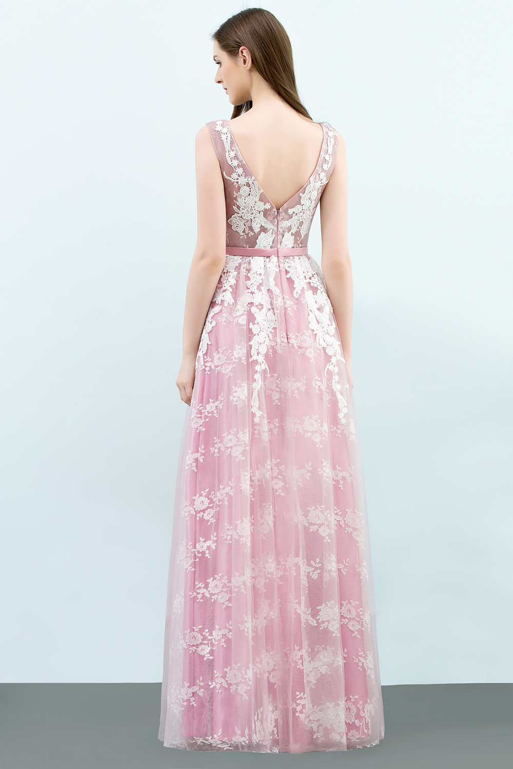 BMbridal Elegant Pink Sleeveless Prom Dress Tulle Long Evening Gowns With Lace Appliques