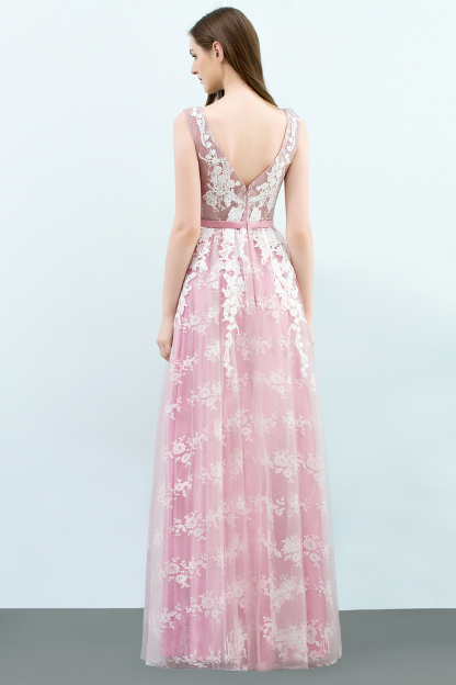 BMbridal Elegant Pink Sleeveless Prom Dress Tulle Long Evening Gowns With Lace Appliques