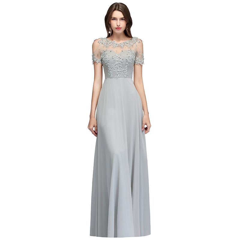 BMbridal Short Sleeve Lace Appliques Long Prom Party Dress