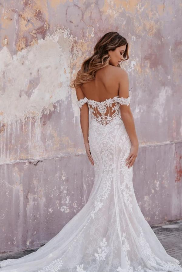 Elegant Mermaid Floor-Length V-Neck Off-The-Shoulder Lace Wedding Dresses-BMbridal