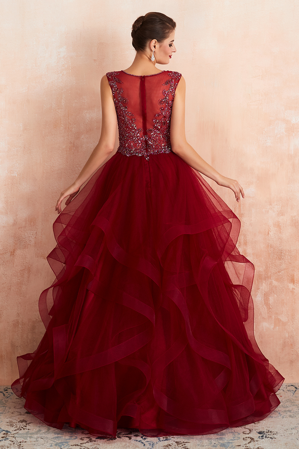 BMbridal Luxurious Bugrundy Tulle Prom Dress Long Ruffles With Appliques Evening Gowns