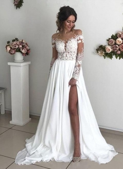 Romantic A-Line Long Sleeves Slit Long Wedding Dress with Chiffon Lace