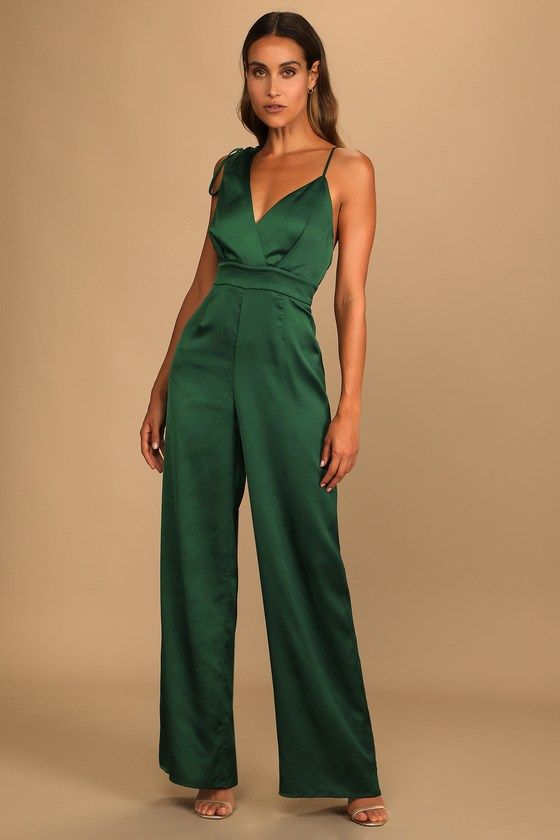 Retro Emerald Green Satin Asymmetrical Wide-Leg Jump Suit
