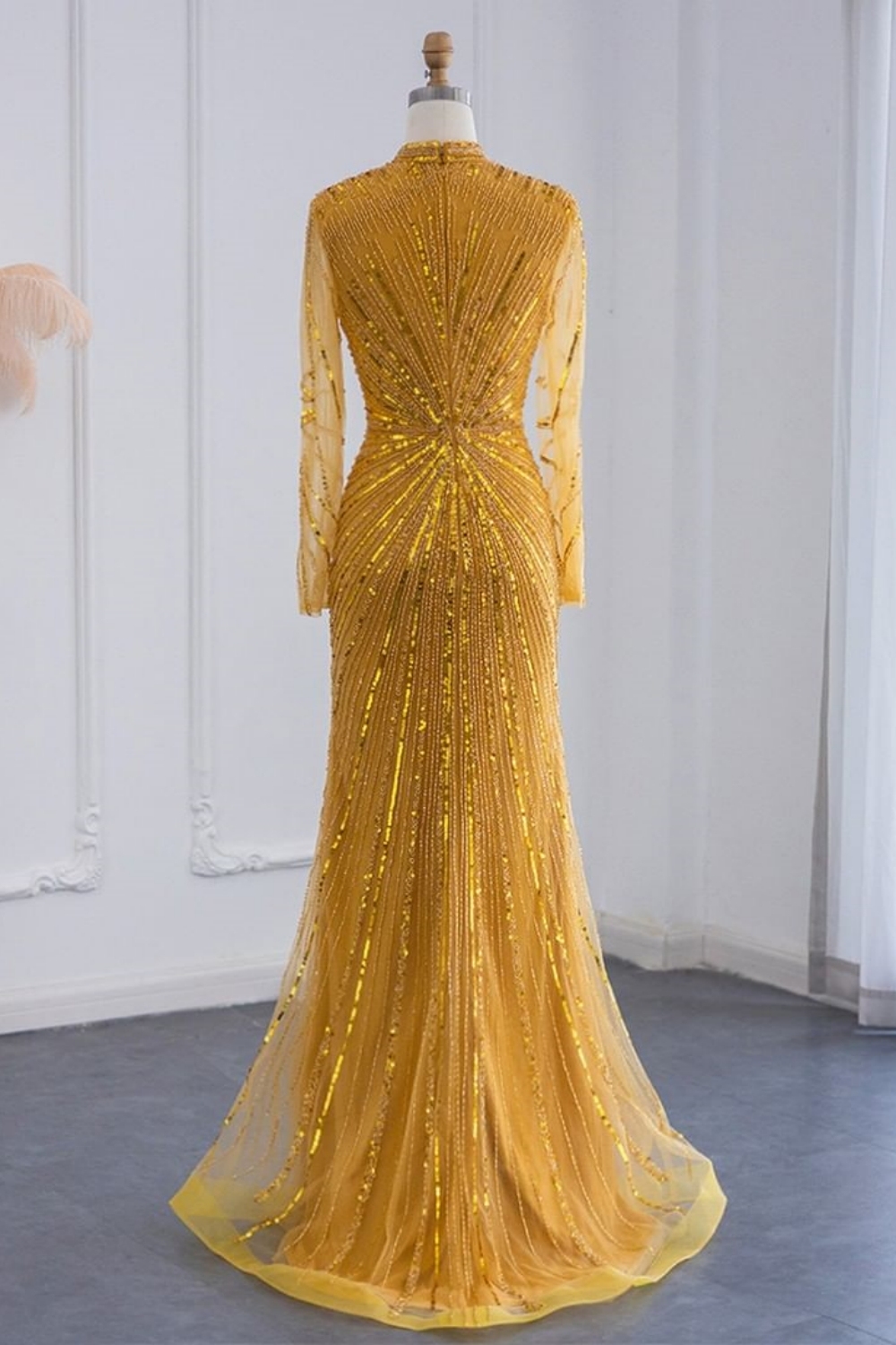 Bmbridal Yellow Floor-Length Long Sleeves High Neck Tulle Prom Dresses with Beadings