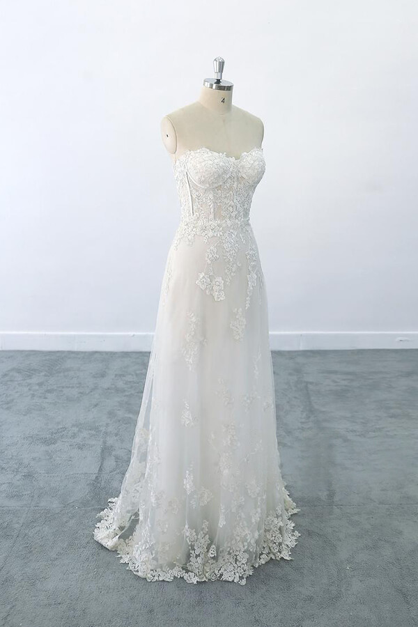 BMbridal Appliques Strapless Tulle Sheath Wedding Dress On Sale-BMbridal