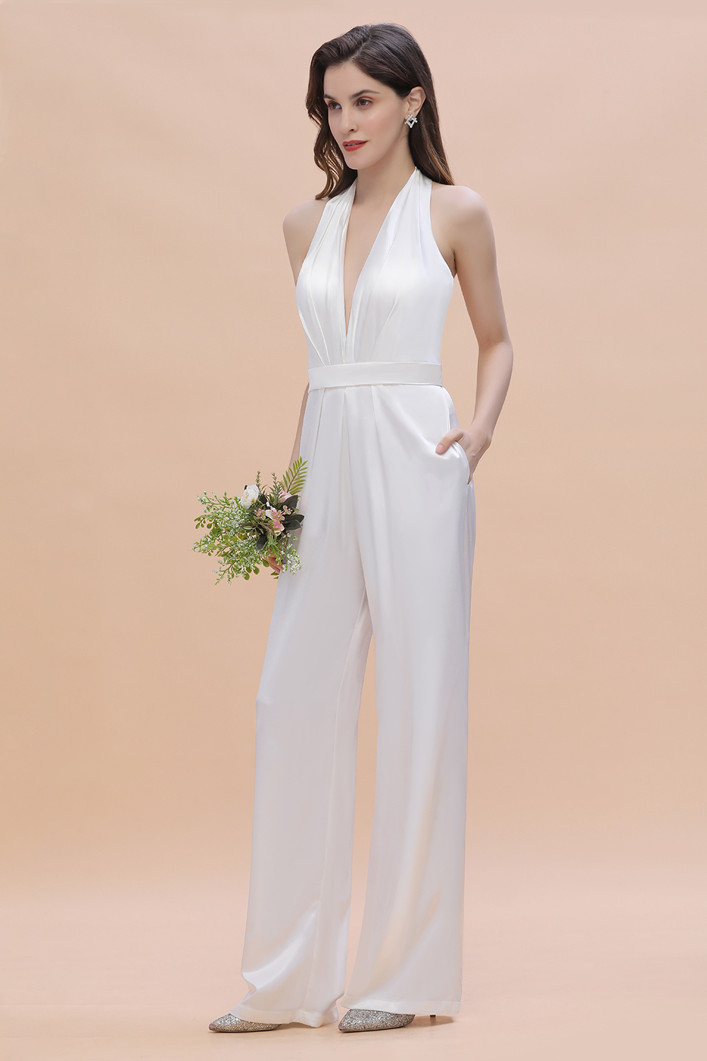 BMbridal Sexy Deep-V-Neck Halter Backless Charmeuse Bridesmaid Jumpsuit Online-BMbridal