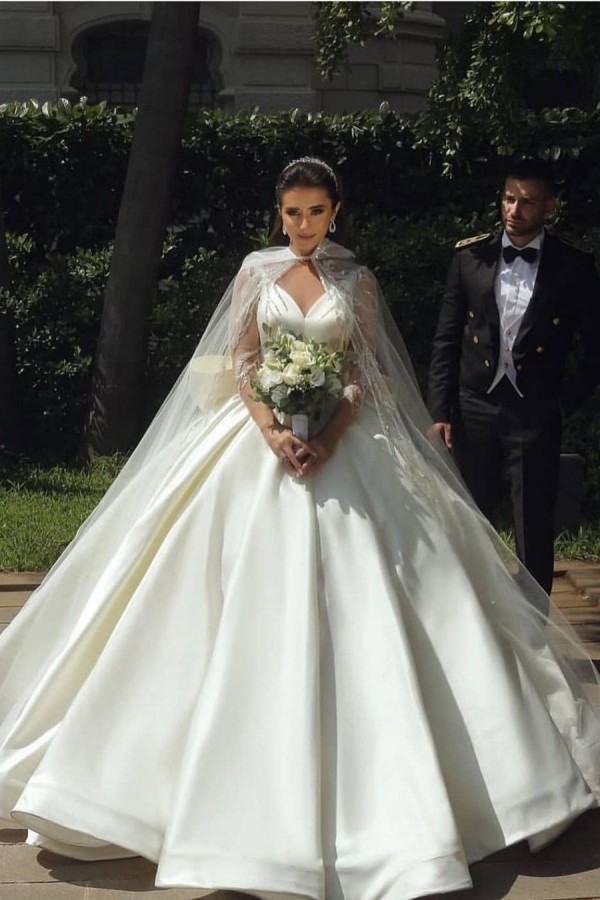 Bmbridal Long Sleeves V-Neck Ball Gown Satin Wedding Dress With Sequins-BMbridal