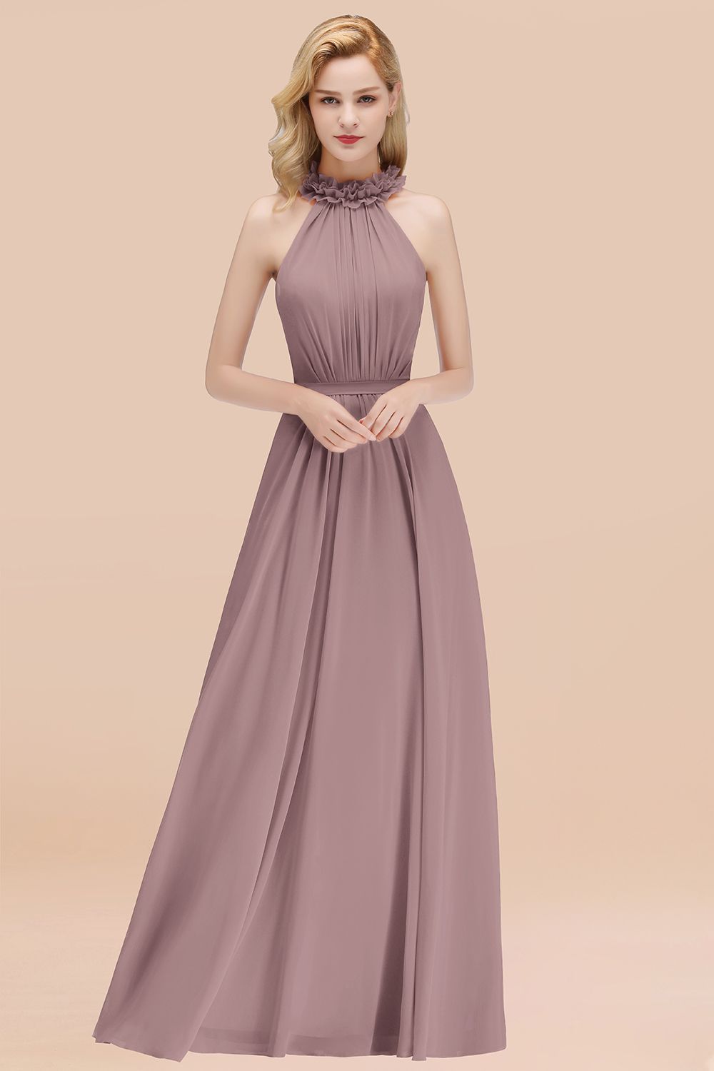 BMbridal Modest High-Neck Halter Ruffle Chiffon Bridesmaid Dresses Affordable-BMbridal