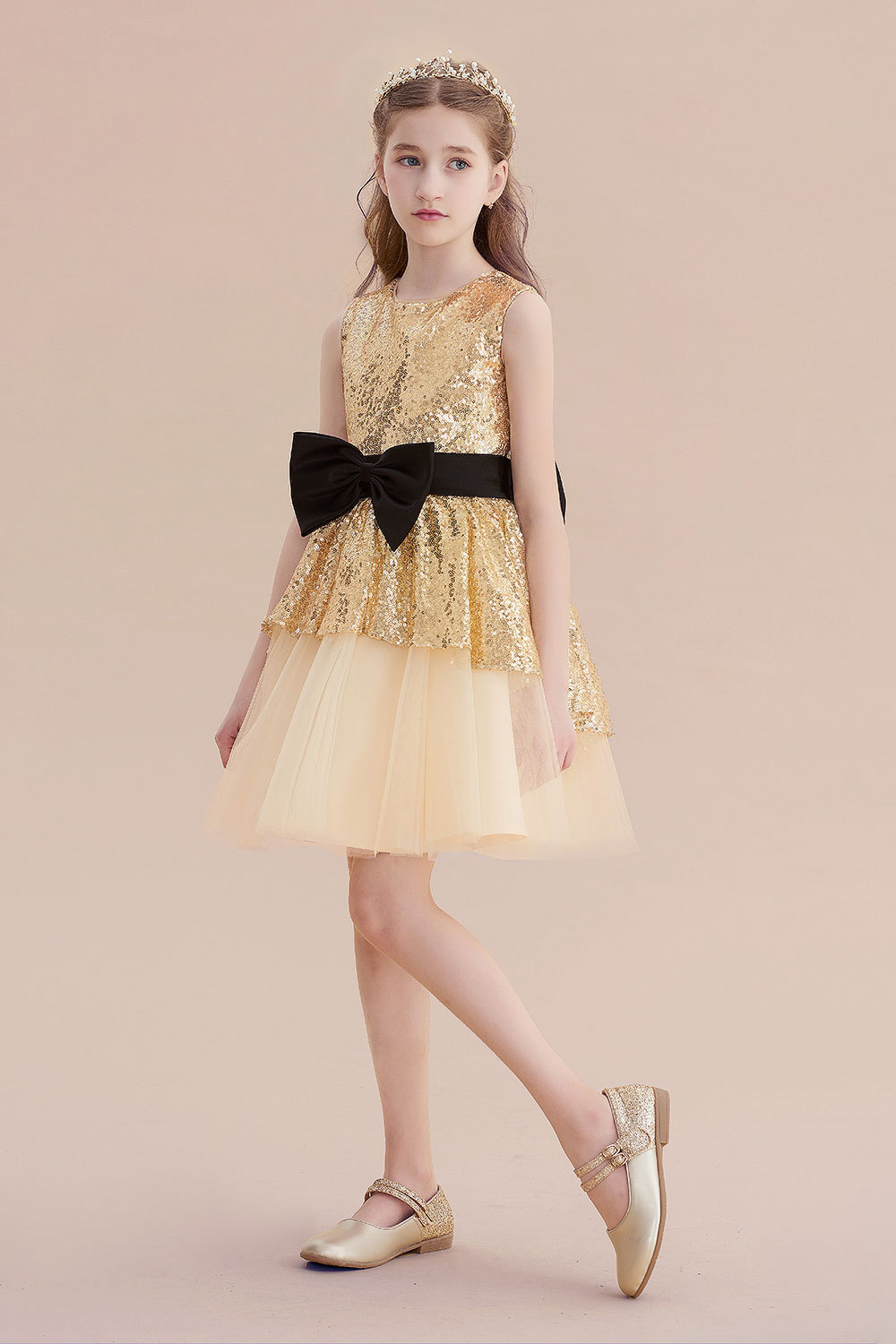 BMbridal A-Line Tulle Sequins Bows Knee Length Flower Girl Dress On Sale-BMbridal