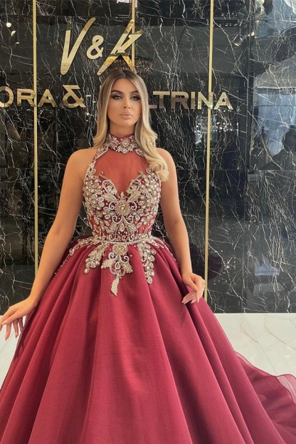 Bmbridal Burgundy Long Sleeves Evening Dress Ball Gown Tulle With Appliques