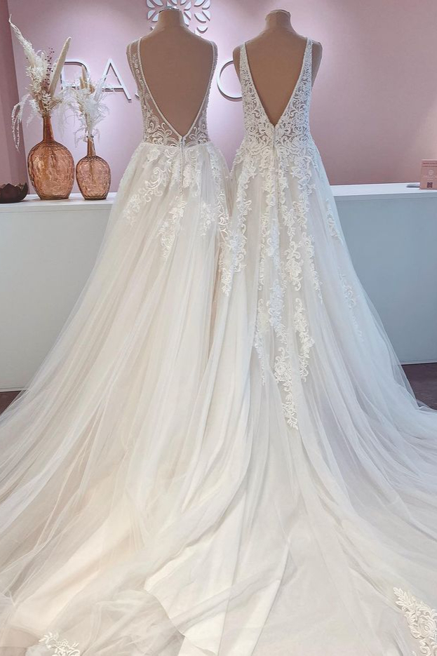 Bmbridal Open Back Sleeveless Wedding Dress Tulle With Lace-BMbridal