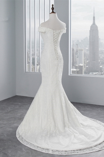BMbridal Elegant Lace Off-the-Shoulder White Mermaid Wedding Dresses Affordable Online