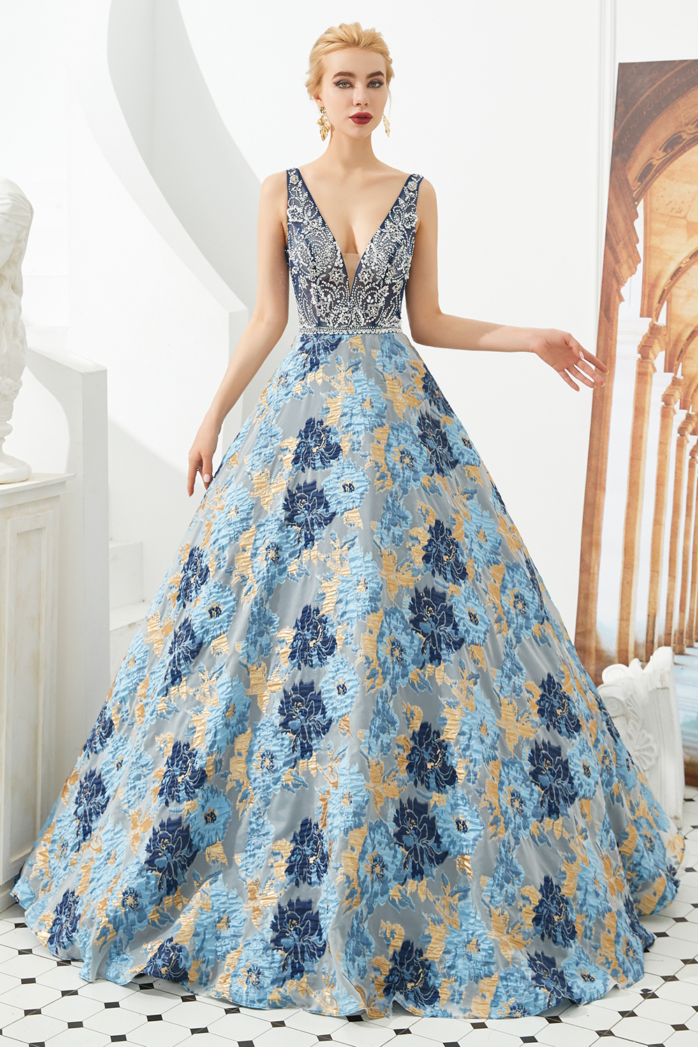 BMbridal Glamorous V-Neck Sleeveless Print Prom Dress Long Beadings Evening Gowns