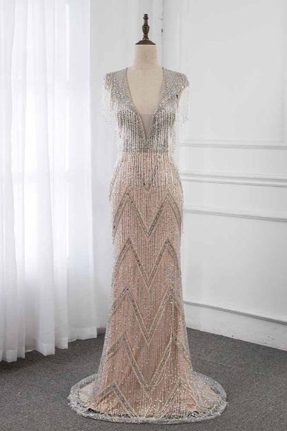 BMbridal Luxury V-Neck Silver Mermaid Prom Dresses with Crystals On Sale