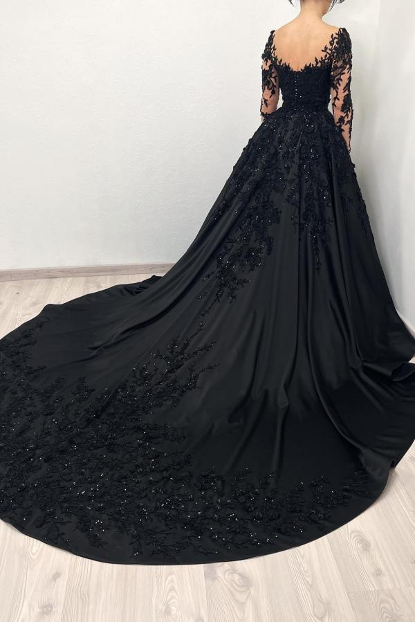 Bmbridal Black Long Sleeves Wedding Reception A-Line With Appliques-BMbridal