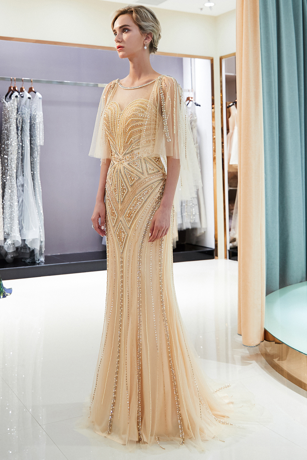 BMbridal Affordable Mermaid Sweetheart Prom Dresses Illusion Neckline Sequins Beading Evening Dresses-BMbridal