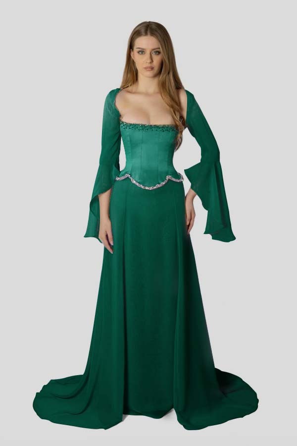Chiffon Long Sleeves Long Mermaid Prom Dress With Beading Pleated