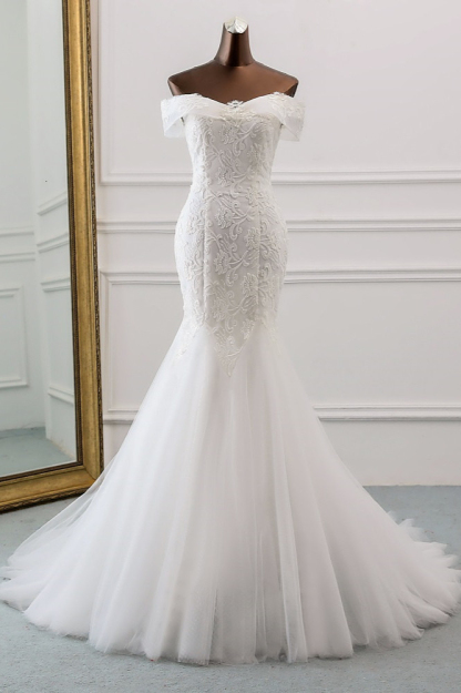BMbridal Glamorous Tulle Lace Off-the-Shoulder White Mermaid Wedding Dresses Online