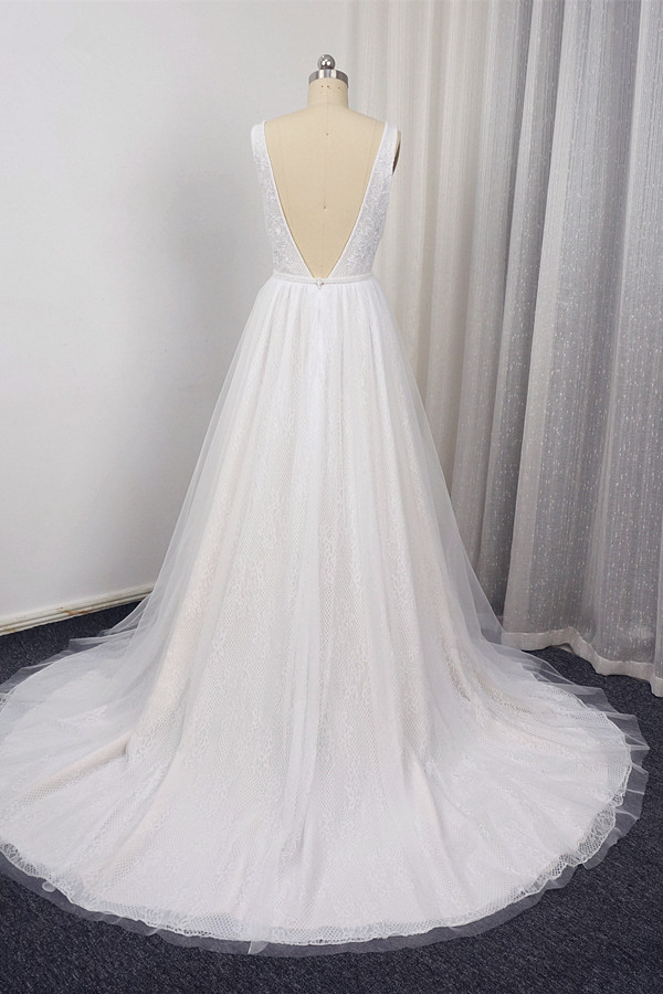 BMbridal Chic Straps V-Neck White Tulle Lace Wedding Dress Sleeveless Ruffles Bridal Gowns On Sale-BMbridal
