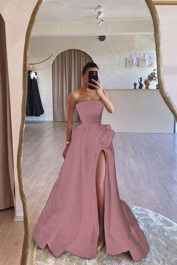 Strapless Sleeveless Long A Line Prom Dress With Split Pleated
