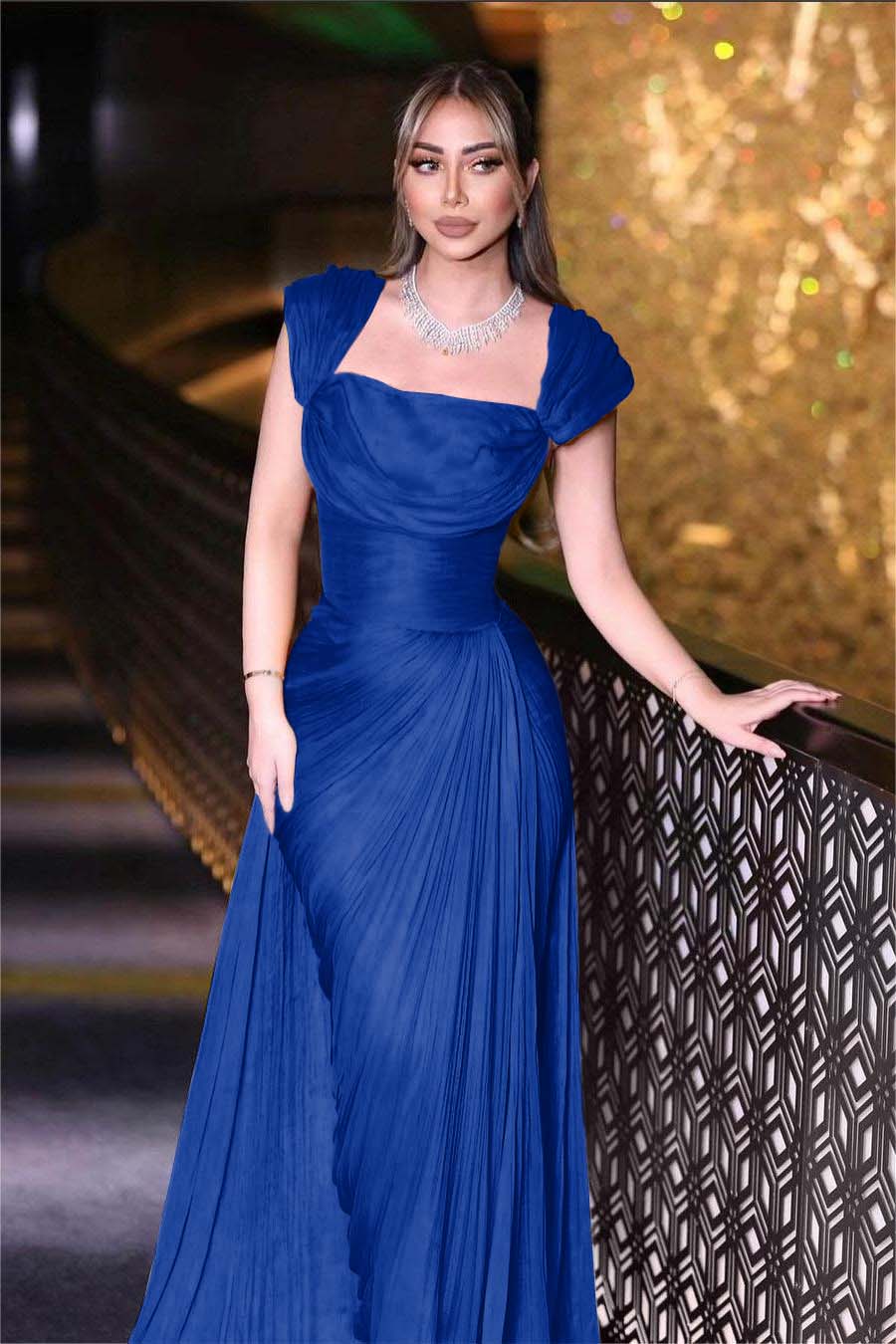 Daffodils Square Neck Sleeveless High Waist Long Pleated Prom Dress With Split