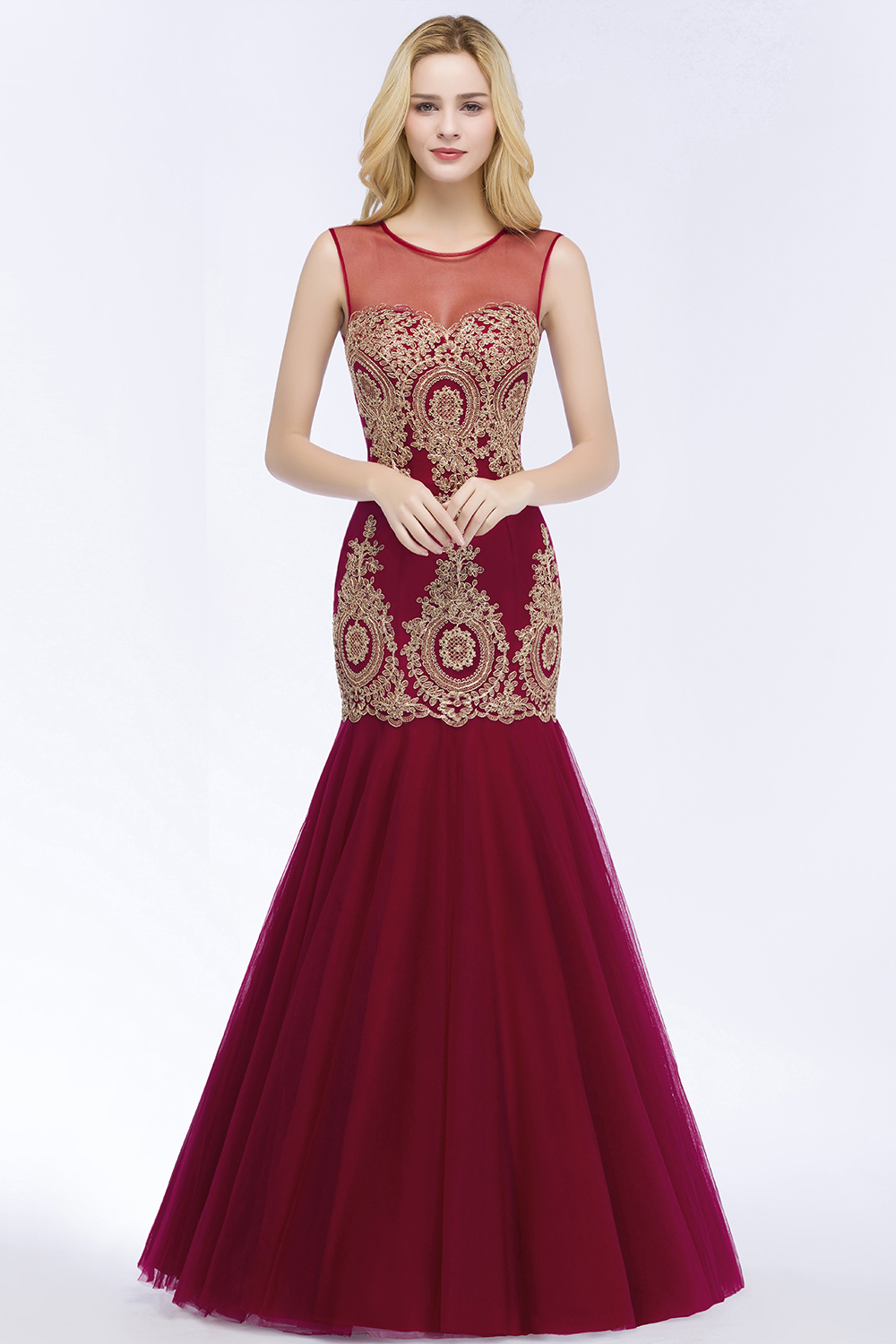 BMbridal Burgundy Lace Appliques Mermaid Prom Dress Long Online