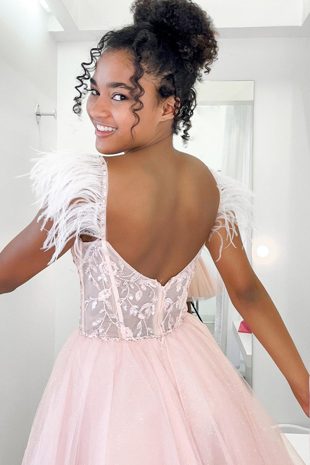 Glitter Pink A-Line Corset Tulle Short Homecoming Dress with Feathers-BMbridal