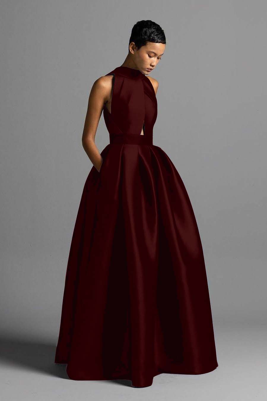 Halter Sleeveless High Waist Long Prom Dress With Pocket Pleated