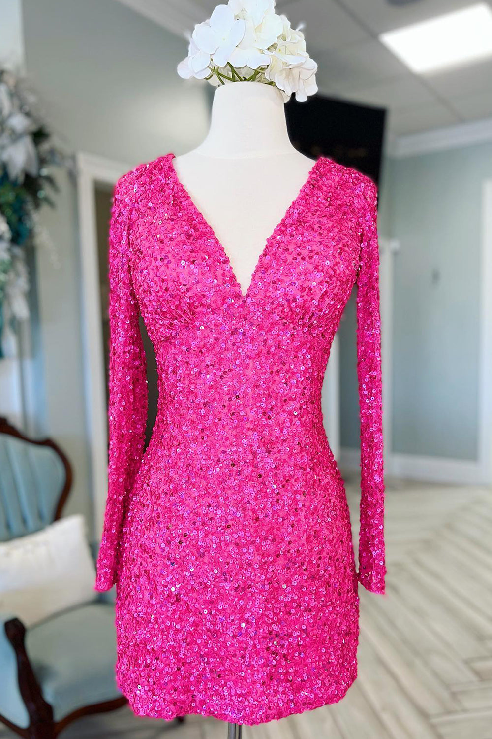 Sparkly Fuchsia Long Sleeves Sequin Tight Short Homecoming Dress-BMbridal